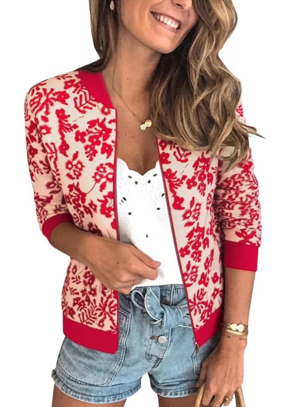 Women's Casual Floral Zip Up Bomber Jacket Lightweight Coat Short No Lining